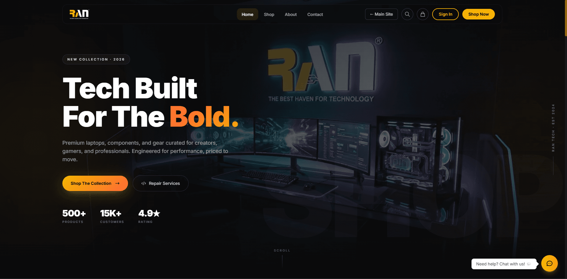 RAN Technology storefront with computer products, shopping navigation and a repair-services entry point