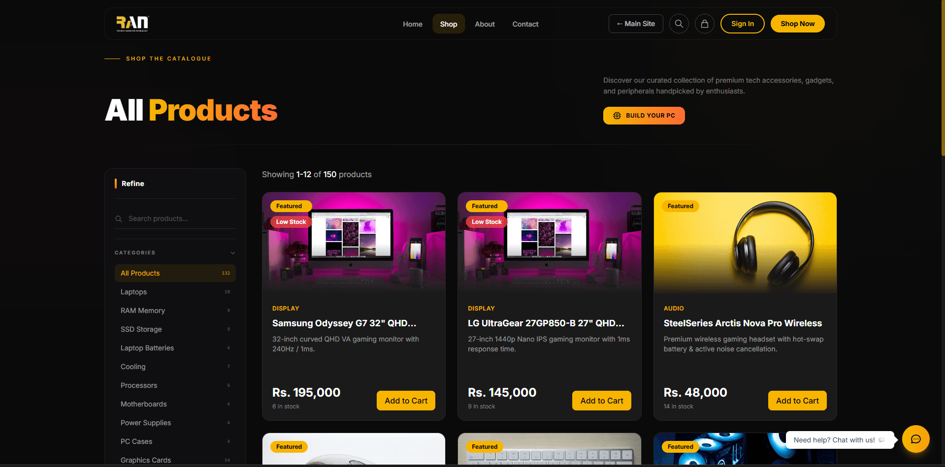 RAN Technology product catalogue with category filters, stock information and add-to-cart actions