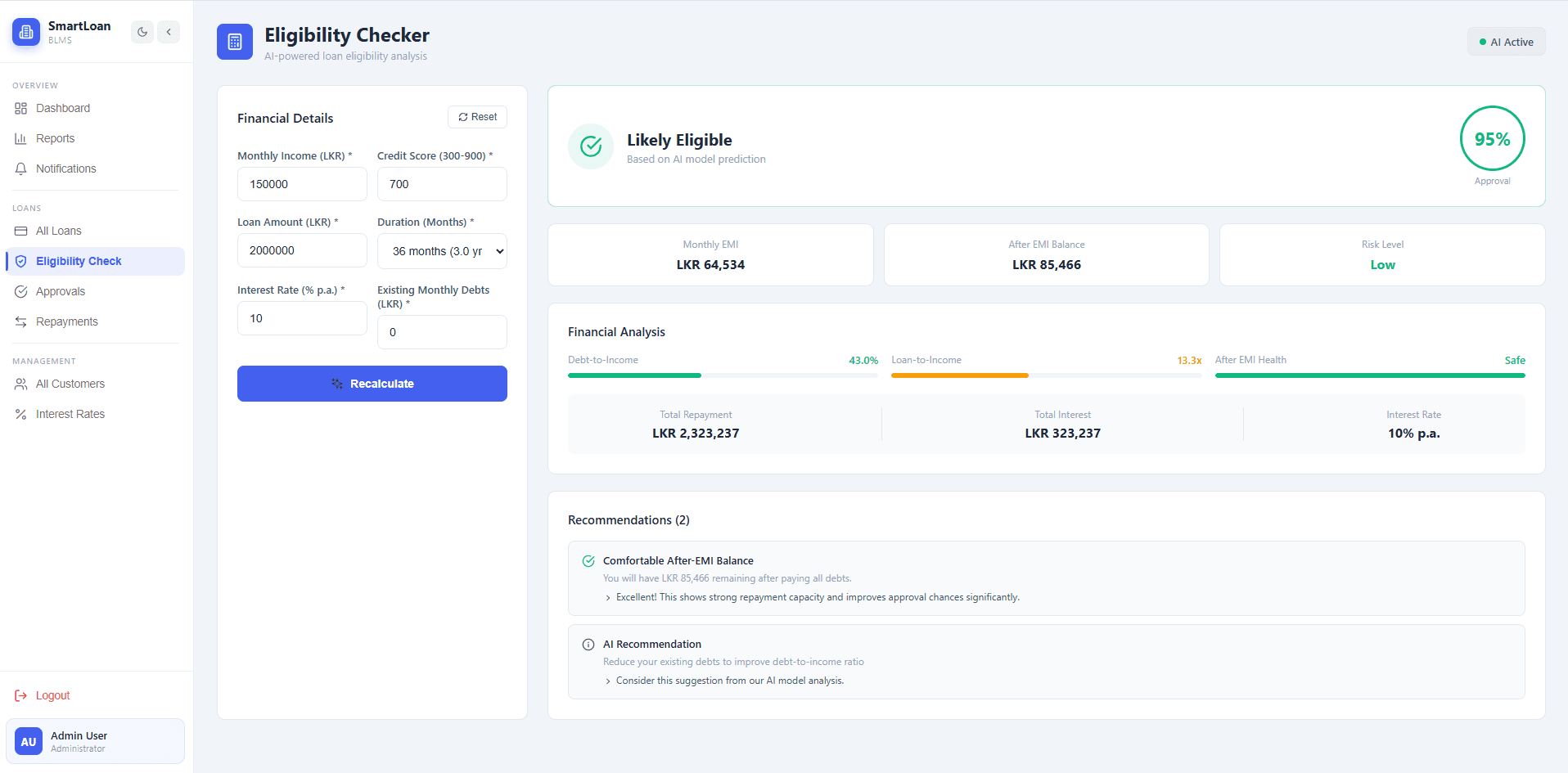 Smartloan experimental eligibility screen with financial inputs, a prediction and repayment recommendations