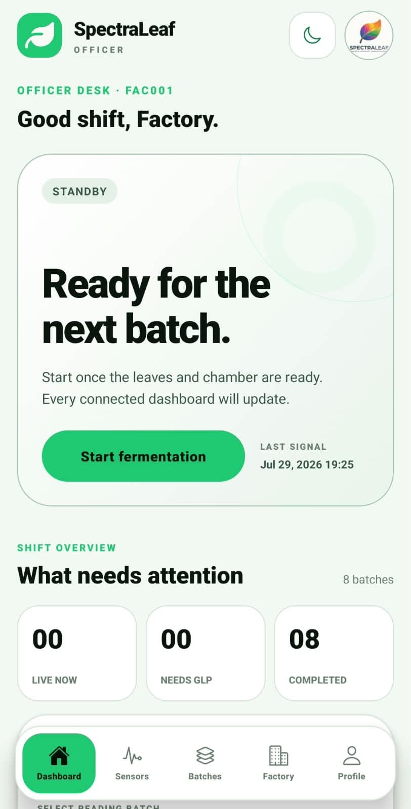 SpectraLeaf mobile dashboard in light theme with a start fermentation action and batch status