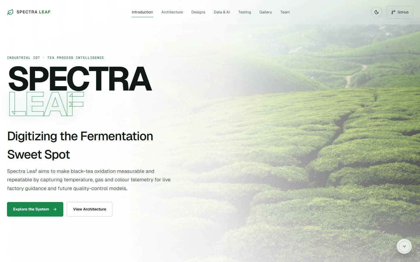 The public SpectraLeaf project website showing its tea-estate hero, project introduction and engineering navigation